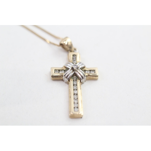 99 - 9ct gold diamond set Christian cross pendant necklace (3.2g)