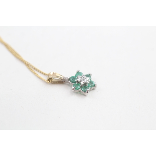 113 - 9ct gold emerald and diamond set cluster pendant necklace (1.4g)