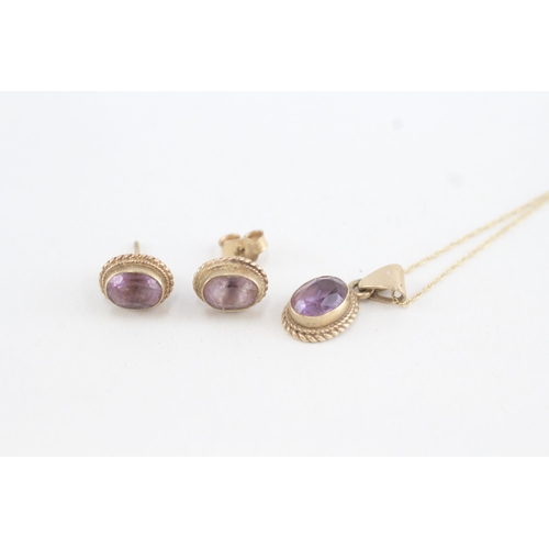 115 - 2x 9ct gold amethyst stud earrings & necklace (2.8g)