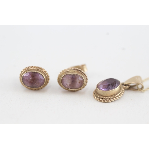 115 - 2x 9ct gold amethyst stud earrings & necklace (2.8g)