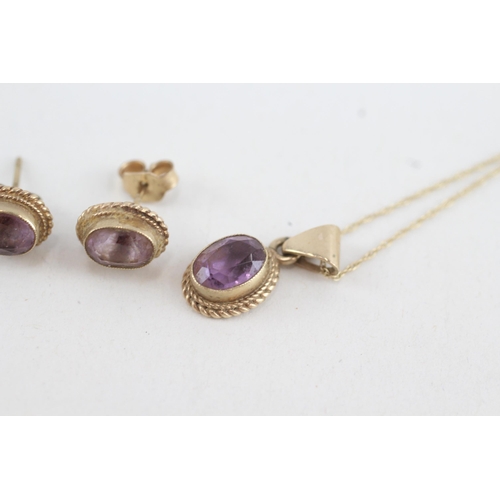 115 - 2x 9ct gold amethyst stud earrings & necklace (2.8g)