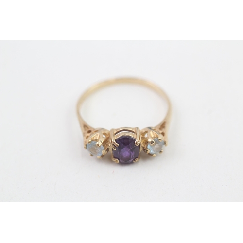 126 - 9ct gold amethyst & aquamarine three stone ring ,claw set (1.9g) Size  O