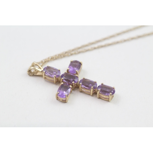 19 - 9ct gold amethyst set Christian cross pendant necklace (2.5g)