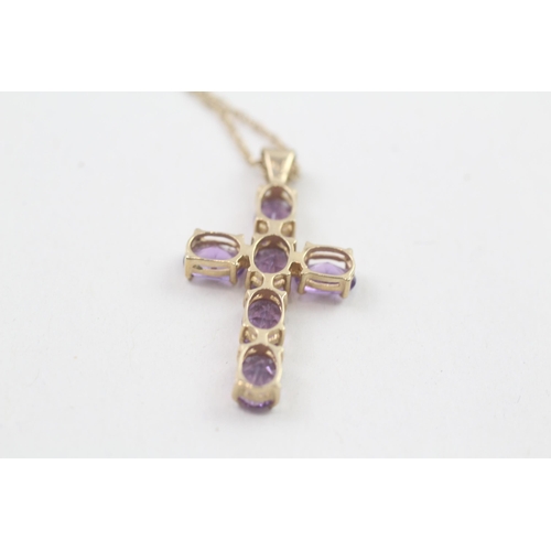 19 - 9ct gold amethyst set Christian cross pendant necklace (2.5g)