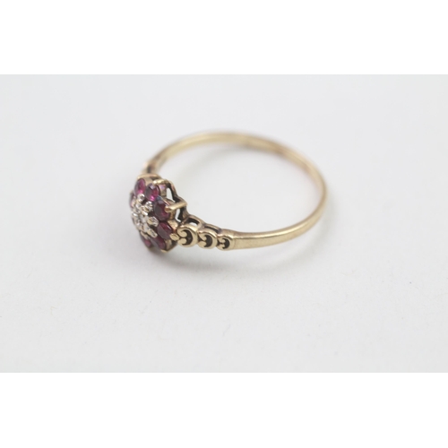 20 - 9ct gold vintage ruby and diamond cluster ring (1.6g) Size  Q