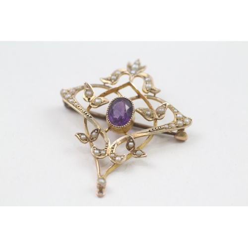 26 - 9ct gold antique split pearl and amethyst set pendant brooch (4.2g)