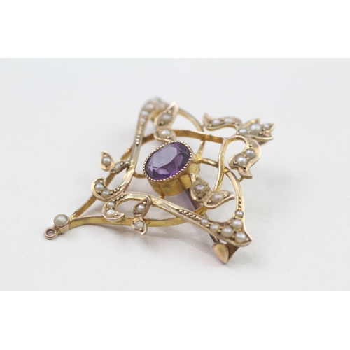 26 - 9ct gold antique split pearl and amethyst set pendant brooch (4.2g)