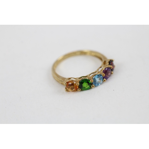 34 - 9ct gold citrine, diopside, topaz, amethyst and garnet set five stone band ring (1.4g) Size  K