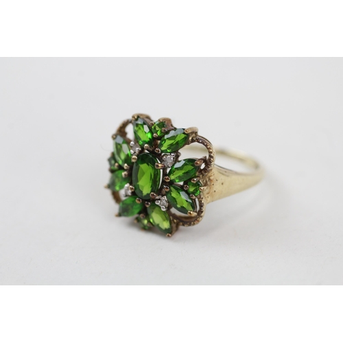 35 - 9ct gold diamond accented chrome diopside set cluster ring (2.9g) Size  O