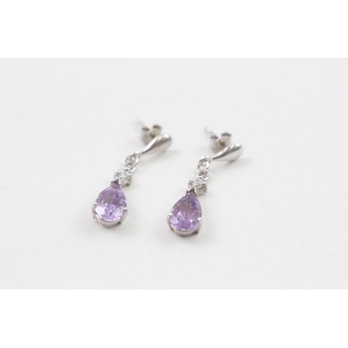 44 - 9ct white gold diamond and amethyst drop earrings (1.3g)