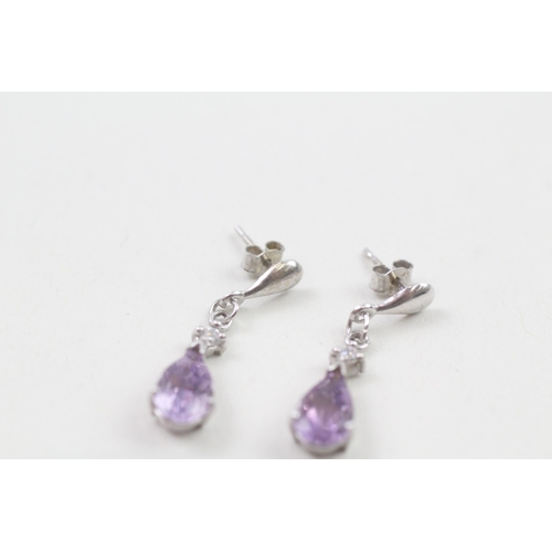 44 - 9ct white gold diamond and amethyst drop earrings (1.3g)