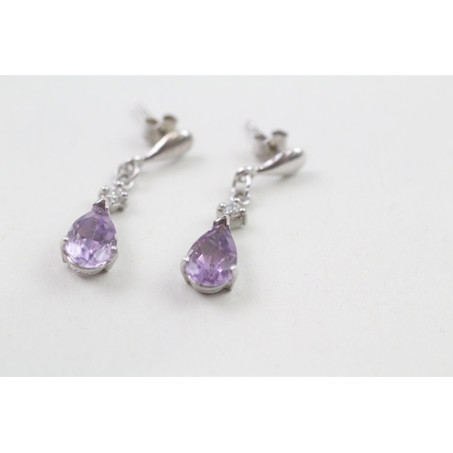 44 - 9ct white gold diamond and amethyst drop earrings (1.3g)