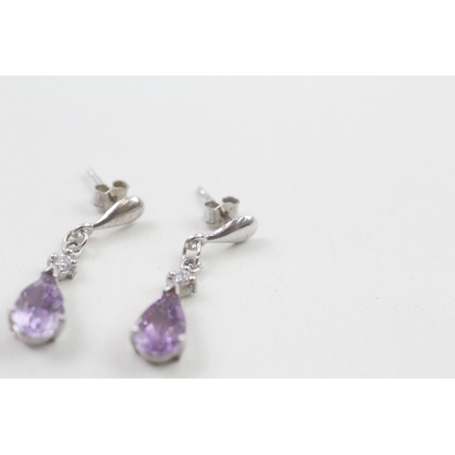 44 - 9ct white gold diamond and amethyst drop earrings (1.3g)