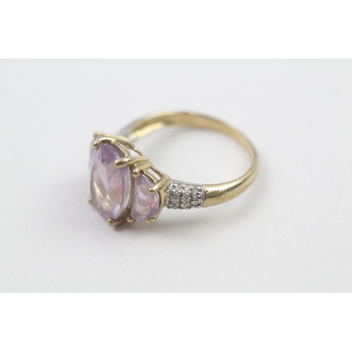 68 - 9ct gold amethyst and diamond trilogy ring (3.6g) Size  Q