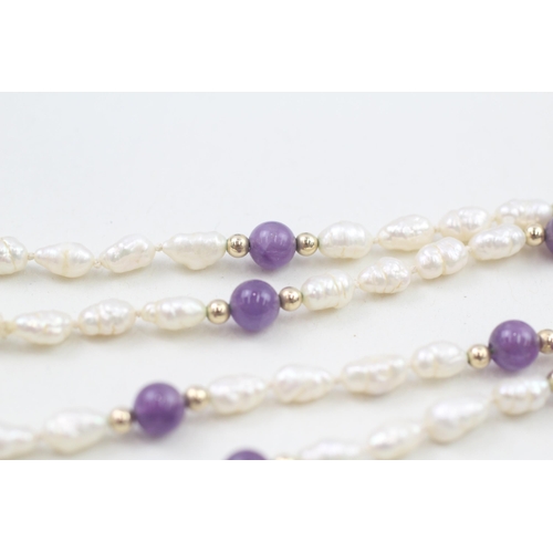 76 - 9ct gold amethyst and pearl clasped necklace with gold spacer beads (11.4g)