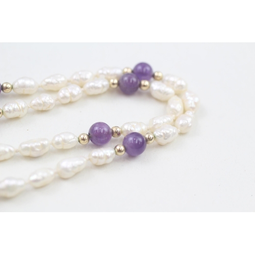 76 - 9ct gold amethyst and pearl clasped necklace with gold spacer beads (11.4g)