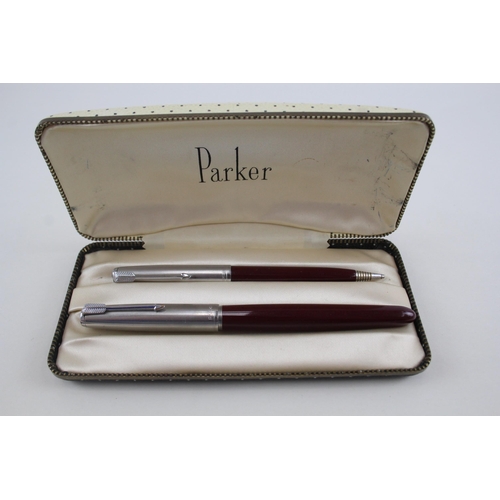 441 - Vintage Parker 51 Burgundy Fountain Pen w/ 14ct Gold Nib, Pencil, Original Box