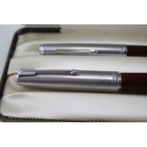 441 - Vintage Parker 51 Burgundy Fountain Pen w/ 14ct Gold Nib, Pencil, Original Box