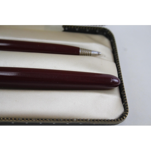 441 - Vintage Parker 51 Burgundy Fountain Pen w/ 14ct Gold Nib, Pencil, Original Box