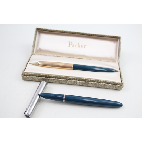 446 - 2 x Vintage Parker 51 Teal Fountain Pens w/ 14ct Gold Nibs Writing Inc Boxed