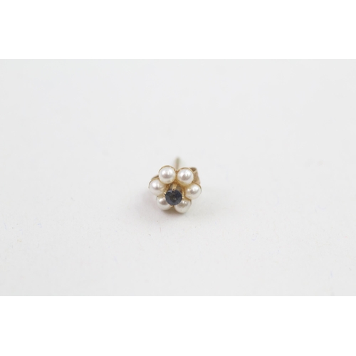 106 - 9ct gold sapphire & cultured pearl stud earrings with scroll backs (0.5g)