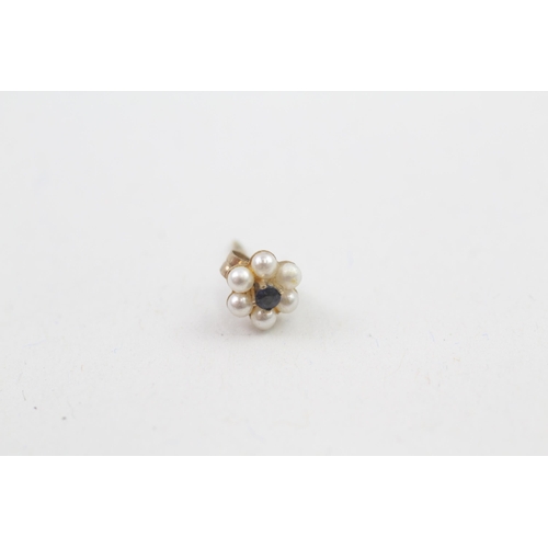 106 - 9ct gold sapphire & cultured pearl stud earrings with scroll backs (0.5g)