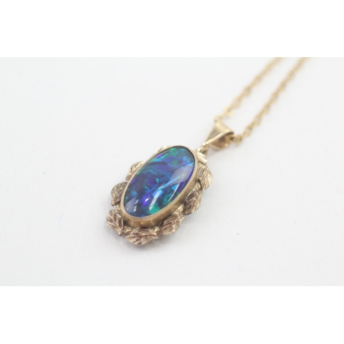 115 - 9ct gold black opal doublet cabochon set pendant necklace (3g)