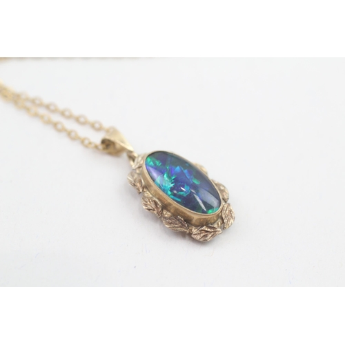 115 - 9ct gold black opal doublet cabochon set pendant necklace (3g)