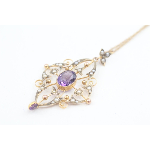 116 - 9ct gold vintage seed pearl and amethyst set pendant necklace (3.2g)