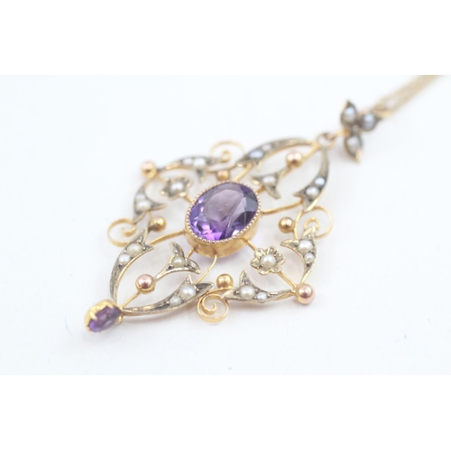 116 - 9ct gold vintage seed pearl and amethyst set pendant necklace (3.2g)