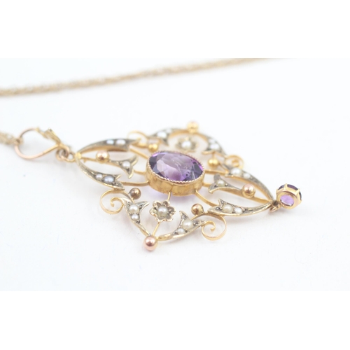 116 - 9ct gold vintage seed pearl and amethyst set pendant necklace (3.2g)