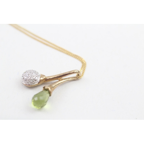 117 - 9ct gold pave set diamond and briolette peridot pendant necklace (2.1g)