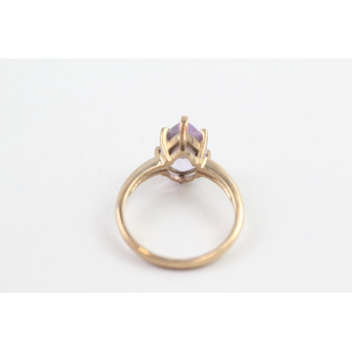 118 - 9ct gold pear cut amethyst set solitaire ring (3.2g) Size  N