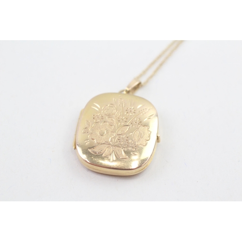 121 - 9ct gold cushion shaped floral spray engraved locket necklace w/ original photos (4.1g)