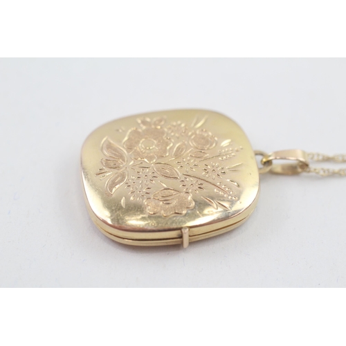 121 - 9ct gold cushion shaped floral spray engraved locket necklace w/ original photos (4.1g)