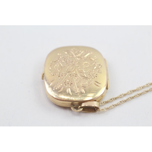 121 - 9ct gold cushion shaped floral spray engraved locket necklace w/ original photos (4.1g)