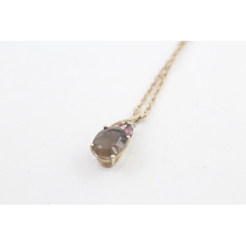 25 - 9ct gold smokey quartz, pink gemstone & diamond pendant necklace (2.3g)