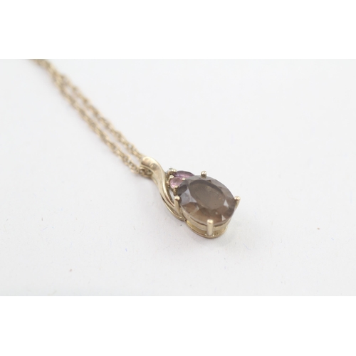 25 - 9ct gold smokey quartz, pink gemstone & diamond pendant necklace (2.3g)