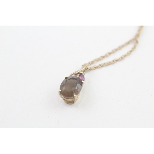 25 - 9ct gold smokey quartz, pink gemstone & diamond pendant necklace (2.3g)