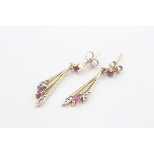 5 - 9ct gold ruby & diamond drop earrings with scroll backs (1.4g)