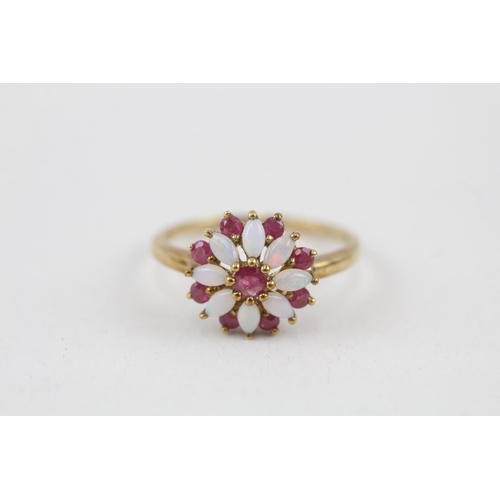 64 - 9ct gold ruby and opal set cluster ring (2.4g) Size  O 1/2