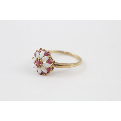 64 - 9ct gold ruby and opal set cluster ring (2.4g) Size  O 1/2