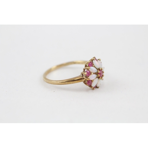 64 - 9ct gold ruby and opal set cluster ring (2.4g) Size  O 1/2