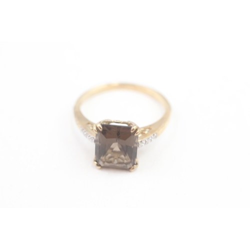 68 - 9ct gold diamond accented smokey quartz set cocktail ring (3.3g) Size  S 1/2