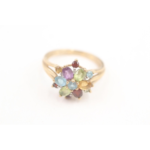 71 - 9ct gold garnet, citrine, peridot, topaz, amethyst and diamond set cluster ring (3.1g) Size  O 1/2