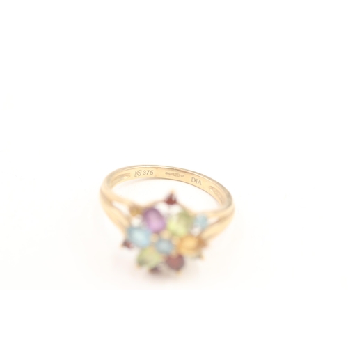 71 - 9ct gold garnet, citrine, peridot, topaz, amethyst and diamond set cluster ring (3.1g) Size  O 1/2