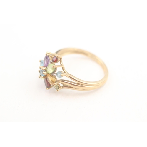 71 - 9ct gold garnet, citrine, peridot, topaz, amethyst and diamond set cluster ring (3.1g) Size  O 1/2