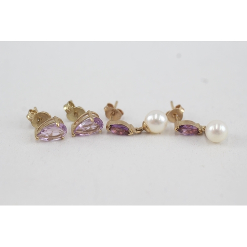 78 - 2x 9ct gold amethyst & cultured pearl earrings (2.6g)