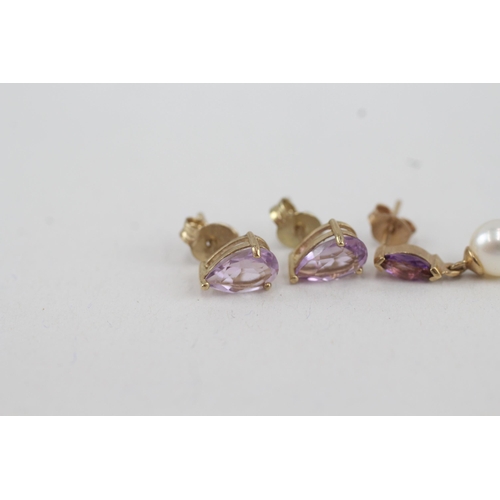 78 - 2x 9ct gold amethyst & cultured pearl earrings (2.6g)