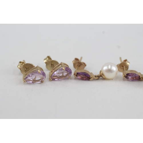 78 - 2x 9ct gold amethyst & cultured pearl earrings (2.6g)